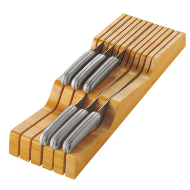 Bambüsi In-Drawer Knife Block - Bamboo Knife Drawer Organizer for Kitchen - Fits 5 Long + 6 Short Knives - Store Knives with Blades Pointing Down - Wooden Steak knife Holder without Knives