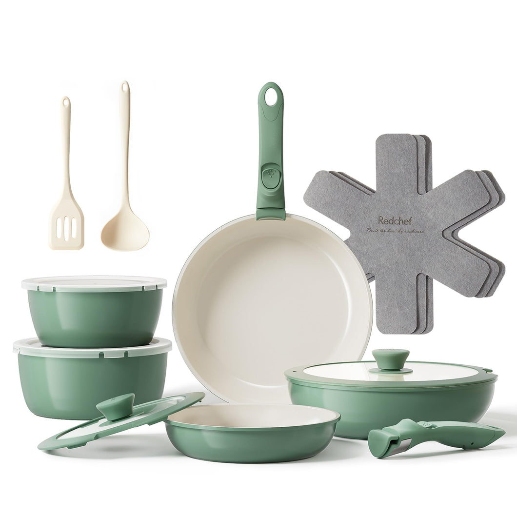 Redchef Ceramic Pots and Pans Set, Nonstick Kitchen Cookware Set with Detachable Handle, Non Toxic Cookware Set 16pcs, PFAS PFOA & PTFE Free, RV Ceramic Cookware for Camping, Dishwasher/Oven Safe