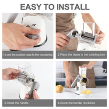 Load image into Gallery viewer, Rotary Cheese Grater Hand Crank Cheese Shredder for Fresh Cheese, Vegetable, Nuts,Non-slip Suction Base, Free Cleaning Brush Three Blades, Black
