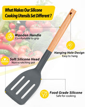 Load image into Gallery viewer, Pack of 4 Silicone Cooking Utensils Set, Non Stick Solid Spatulas and Heat Resistant Slotted Spoons with Wooden Handle, Ideal Wood Kitchen Utensils Set for Frying,Serving,Turning,Stirring (KHAKI)