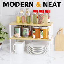 Load image into Gallery viewer, SpaceAid Cabinet Shelf Organizers 2 Pack, Kitchen Counter Rack Shelves Riser, Stackable Expandable Spice Rack, Pantry Cupboard Storage Organization (Black and Natural, Short)