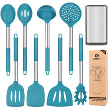 Load image into Gallery viewer, Silicone Cooking Utensil Set, 8Pcs Non-stick Cookware with Stainless Steel Handle, BPA Free Heat Resistant Kitchen Tools with Spatulas, Turners, Spoons, Skimmer and Pasta Fork