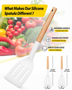 Pack of 2 Silicone Cooking Spatula, Heat Resistant Solid Turner, Non Stick Slotted Spatulas with Wooden Short Handle,Ideal Wood Kitchen Utensils Set for Frying, Baking, Flipping, Turning