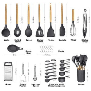 Kitchen Cooking Utensils Set,29 pcs Non-Stick Silicone Cooking Kitchen Utensils Set with Holder, Wooden Handle Silicone Kitchen Gadgets Utensil Set Spatula Turner Spoon Tongs Whisk (White)