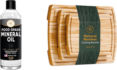 Bambüsi Bamboo Cutting Board Set & Mineral Oil - 3-Piece Wood Cutting Boards for Kitchen with Juice Groove & Handles + 8 oz Food Grade Mineral Oil for Butcher Blocks, Bamboo & Teak Utensils