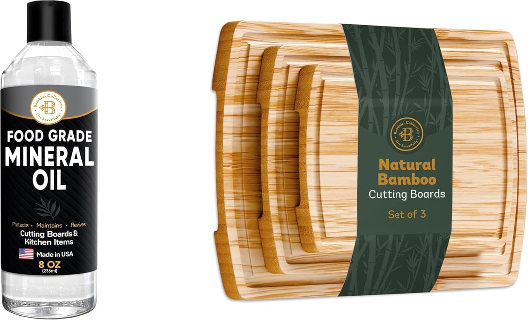 Bambüsi Bamboo Cutting Board Set & Mineral Oil - 3-Piece Wood Cutting Boards for Kitchen with Juice Groove & Handles + 8 oz Food Grade Mineral Oil for Butcher Blocks, Bamboo & Teak Utensils