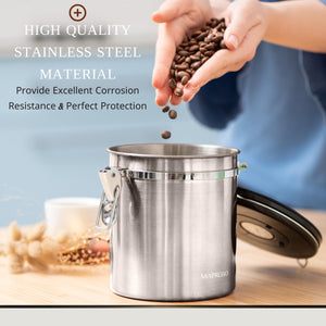 Mixpresso Green Coffee Canister, 16oz Airtight Stainless Steel Kitchen Food Storage Container with Clear Lid and Spoon. for Grounds Coffee, Beans, Tea, Flour, Cereal, Vacuum Sealed Sugar Container