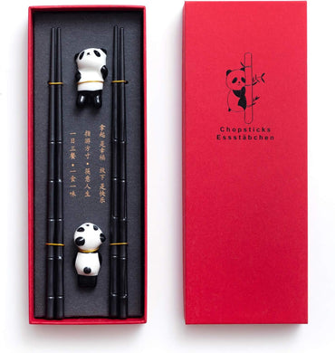 HauSun 2 Pairs Chopsticks and Chopstick Rest Gift Set- Dishwasher Safe Reusable Fiber Glass Chopsticks + Porcelain Cute Panda Chopstick Holder, Non-slip Chinese Japanese Style Chopsticks Set, Black