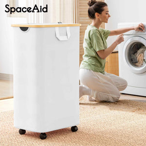 SpaceAid Laundry Hamper with Lid, 110L Large Tall Clothes Basket Bin with Bamboo Handles, Collapsible Laundry Hamper for Bedroom, Bathroom, Dorm, Laundry Room - Black