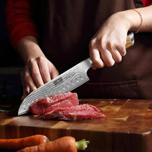 Load image into Gallery viewer, Damascus Santoku Knife 7 Inch, Professional Japanese Damascus Super Steel Kitchen Knife, Sharp Cooking Knife with Durable Ergonomic Olive Wood Handle