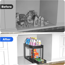 Load image into Gallery viewer, 2PC Under Sink Organizer Rack 2 Tier Under Sliding Cabinet Basket Organizer Drawer with 4 Hooks, Multi-purpose Under Sink Storage for Bathroom Kitchen Desktop（Black）