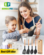 Load image into Gallery viewer, Pack of 4 Silicone Cooking Utensils Set, Non Stick Solid Spatulas and Heat Resistant Slotted Spoons with Wooden Handle, Ideal Wood Kitchen Utensils Set for Frying,Serving,Turning,Stirring (KHAKI)
