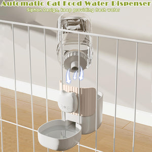 34oz Hanging Automatic Cat Food and Water Dispenser, 1L Auto Gravity Pet Feeder Set, Cage Cat Dog Feeder for Kitten Puppy Bunny Guinea Pig (Milk Coffee)
