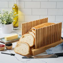 Load image into Gallery viewer, Bread Slicer for Homemade Bread - Bamboo Bread Cutter with Knife, Foldable Slicing Guide, Crumb Tray - Compact Bread Loaf Slicer for Cakes, Bagels, Loaves - Kitchen Gadget &amp; Gifts by Bambüsi