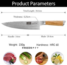 Load image into Gallery viewer, Damascus Chef Knife 8 Inch, Professional 67 Layers VG-10 Super Steel Kitchen Knife, Ultra Sharp Japanese Knife with Durable Ergonomic Olive Wood Handle