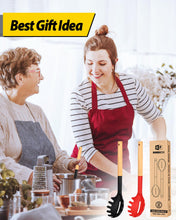 Load image into Gallery viewer, Pack of 2 Spaghetti Spoon, Silicone Pasta Fork with Wooden Handle, Heat Resistant Noodle Spoon Server, BPA Free Spaghetti Strainer(BLACK-RED)