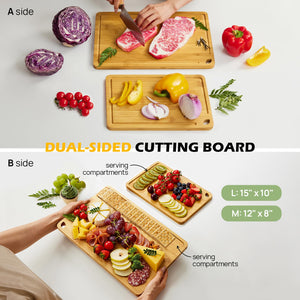 Bamboo Cutting Board, Durable Wood Cutting Boards for Kitchen with Deep Juice Grooves & Built-in Handles, Ideal Charcuterie & Chopping for Meat, Vegetables and Fruits Ideal Kitchen Gifts