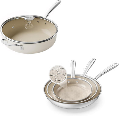 Redchef Ceramic Saute Pan with Lid, Nonstick 3PCS Frying Pan, 5QT Jumbo Cooker with Helper Handle & Lid, Non Toxic Ceramic Cooking Pan, Chef Pan, Dishwasher & Oven Safe, PFAS PFOA & PTFE Free