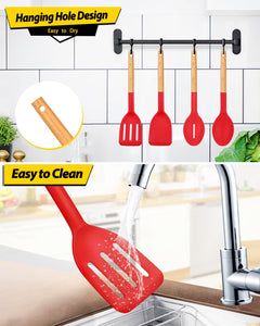 Pack of 4 Silicone Cooking Utensils Set, Non Stick Solid Spatulas and Heat Resistant Slotted Spoons with Wooden Handle, Ideal Wood Kitchen Utensils Set for Frying,Serving,Turning,Stirring (KHAKI)