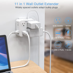 Surge Protector 8 Outlet Extender, TESSAN Multi Outlet Splitter with 3 USB Wall Charger (1 USB C Port), 3-Sided Multiple Plug Power Strip 1700J, Charging Station for Home Office Dorm Room