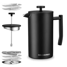 Load image into Gallery viewer, Belwares French Press Coffee Maker 50 OZ - Large Insulated Stainless Steel 304 Coffee Press with Double Wall &amp; 4-Level Filtration System (Black - 1.5L)