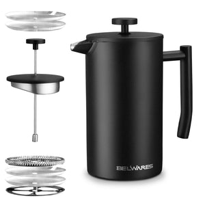 Belwares French Press Coffee Maker 50 OZ - Large Insulated Stainless Steel 304 Coffee Press with Double Wall & 4-Level Filtration System (Black - 1.5L)