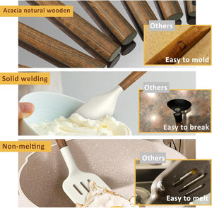 Silicone Cooking Utensil Set, Umite Chef 8-Piece Kitchen Utensils Set with Natural Acacia Wooden Handles,Food-Grade-Silicone Kitchen Gadgets Spatulas Set for Nonstick Cookware- Black