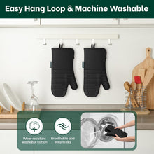 Load image into Gallery viewer, Beneno Non-Slip Silicone Textured Cotton Oven Mitts, Heat Resistant up to 500° F, Flexible Grip with 14.3&quot;x7&quot; Longer Protection, Durable 100% Cotton Oven Mitts for Kitchen &amp; Barbecue, 2-Pack, Black