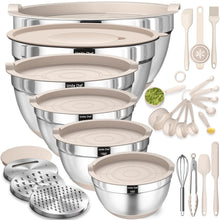 Load image into Gallery viewer, Mixing Bowls with Airtight Lids Set, 26PCS Stainless Steel Khaki Bowls with Grater Attachments, Non-Slip Bottoms &amp; Kitchen Gadgets Set, Size 7, 4, 2.5, 2.0,1.5, 1QT, Great for Mixing &amp; Serving