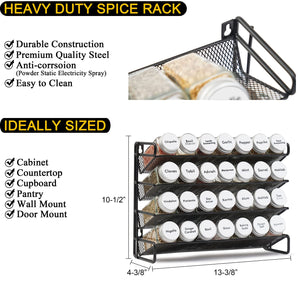 SpaceAid Spice Rack Organizer with 28 Spice Jars, 386 Spice Labels, Chalk Marker and Funnel Set for Cabinet, Countertop, Pantry, Cupboard or Door & Wall Mount - 28 Jars, 13.4" W × 10.8" H, Black
