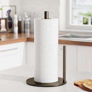 Paper Towel Holder Black, Premium Stainless Steel Kitchen Roll Dispenser, Countertop Roll Organizer with Weighted Base