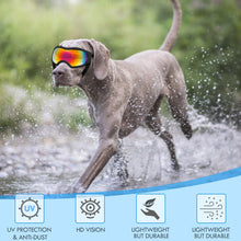 Load image into Gallery viewer, Dog Sunglasses Dog Goggles Pet Glasses Pet Eyewear with Adjustable Strap, Glasses for Medium Large Dog Swimming Skating Glasses UV Proof Windproof Dustproof (Black Frame + Gray Lens)
