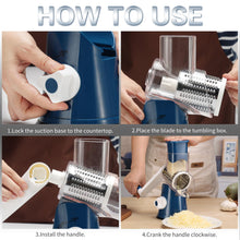 Load image into Gallery viewer, Rotary Cheese Grater Hand Crank Cheese Shredder for Fresh Cheese, Vegetable, Nuts,Non-slip Suction Base, Free Cleaning Brush Three Blades, Black