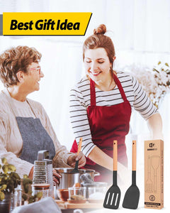 Pack of 2 Silicone Cooking Spatula, Heat Resistant Solid Turner, Non Stick Slotted Spatulas with Wooden Short Handle,Ideal Wood Kitchen Utensils Set for Frying, Baking, Flipping, Turning