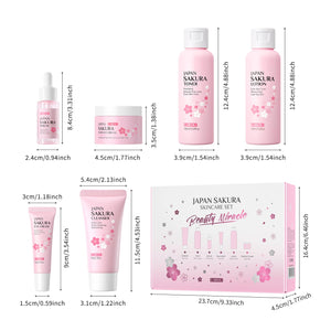 Skin Care Set JAPAN SAKURA Beauty Gift Sets Skin Care Kit with Cleanser, Toner, Lotion, Serum, Eye Cream, Face Cream, Make up Primer Travel Kit for Women Wife Mom 7pcs