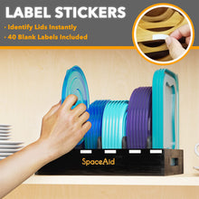 Load image into Gallery viewer, SpaceAid Bamboo Lid Organizer, Kitchen Pantry Lids Holder with 5 Adjustable Dividers for Cabinets, Food Storage Container Organizers, Natural