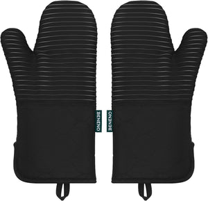 Beneno Non-Slip Silicone Textured Cotton Oven Mitts, Heat Resistant up to 500° F, Flexible Grip with 14.3"x7" Longer Protection, Durable 100% Cotton Oven Mitts for Kitchen & Barbecue, 2-Pack, Black