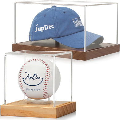 JupDec Baseball & Hat Display Case with Wood Stand, Clear Acrylic Game Ball Holder Showcase, UV Protection Souvenirs and Collectibles Box, Ideal Gift for Autograph Single MLB Ball