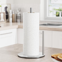 Load image into Gallery viewer, Paper Towel Holder Black, Premium Stainless Steel Kitchen Roll Dispenser, Countertop Roll Organizer with Weighted Base