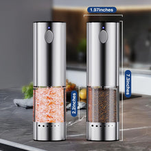 Load image into Gallery viewer, HomeHacks 2 Pack Upgraded 95ml Rechargeable Electric Salt and Pepper Grinder Set, 6 Adjustable Coarseness, High-Grade Stainless Steel, Type-C Charging, LED Light, Silver