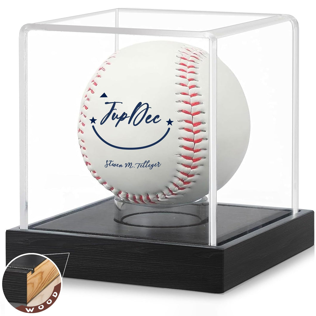 JupDec Baseball Display Case, Clear Cube Baseball Holder with Wooden Base, Autograph Baseball Stand Box for Single Ball, Acacia Wood, Black, 1 Pack