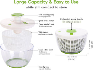 Brieftons QuickPush Salad Spinner: Large 6.3-Quart Vegetable Washer Dryer Strainer Drainer, Easy One-Handed Handle & Brake, Fast Spin Cycles, Compact Storage, to Wash, Clean & Dry Vegetables, Fruits