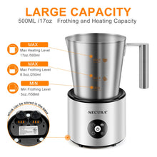 Load image into Gallery viewer, Secura 4-in-1 Automatic Milk Frother, 17oz Teflon-Free Stainless Steel Jug, Hot/Cold Foam Maker &amp; Milk Warmer for Latte, Cappuccino, Macchiato, Hot Chocolate, Includes Silicone Spatula &amp; 2 Whisks