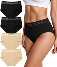 Load image into Gallery viewer, Cotton Underwear for Women High Waisted Lace Panties 4 Pack | Full Coverage Briefs, Soft Lace Waistband, Breathable Fabric, Tagless Design, Ideal for Daily Wear, Travel, and Relaxation
