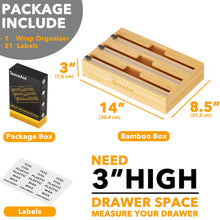 Load image into Gallery viewer, SpaceAid WrapNeat 3 in 1 Wrap Organizer with Cutter and Labels, Plastic Wrap, Aluminum Foil and Wax Bamboo Dispenser for Kitchen Storage Organization Holder for 12&quot; Roll (Natural)