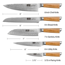 Load image into Gallery viewer, Damascus Kitchen Knife Set 3-Piece, Ultra Sharp 8&quot; Chef Knife, 7&quot; Santoku Knife, 3.75&quot; Paring Knife, Professional VG-10 Damascus Super Steel Chef Knife Set with Ergonomic Handle