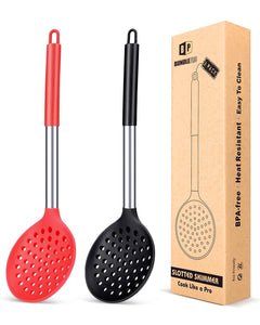 Kitchen Ladle Strainer Set of 2 Large Slotted Spoon with High Heat Resistant BPA Free Non Stick Cooking Skimmers For Draining and Frying (Grey and Teal Blue)