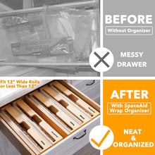 Load image into Gallery viewer, SpaceAid WrapNeat 3 in 1 Wrap Organizer with Cutter and Labels, Plastic Wrap, Aluminum Foil and Wax Bamboo Dispenser for Kitchen Storage Organization Holder for 12&quot; Roll (Natural)