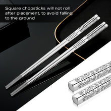 Load image into Gallery viewer, 8 Pairs Metal Chopsticks Reusable 18/8 Stainless Steel Chopsticks Set Cute Laser Engraved Non-slip Japanese Korean Chinese Chopstick for Cooking Eating Dishwasher Safe 9.25&quot; Chop Sticks Gift Set