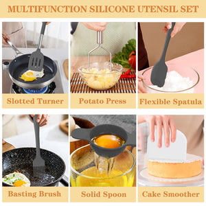 Silicone Cooking Utensil Set, Umite Chef 43 PCS Heat Resistant Kitchen Utensil Gadgets Set-Stainless Steel Handle- Kitchen Spatula Tools for Nonstick Cookware, Pots and Pans Accessories (Khaki)